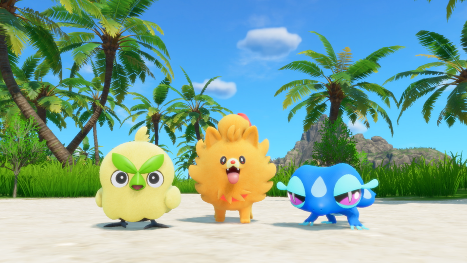 Browt, Pombon and Gecqua standing together on a sunny tropical island in the official reveal